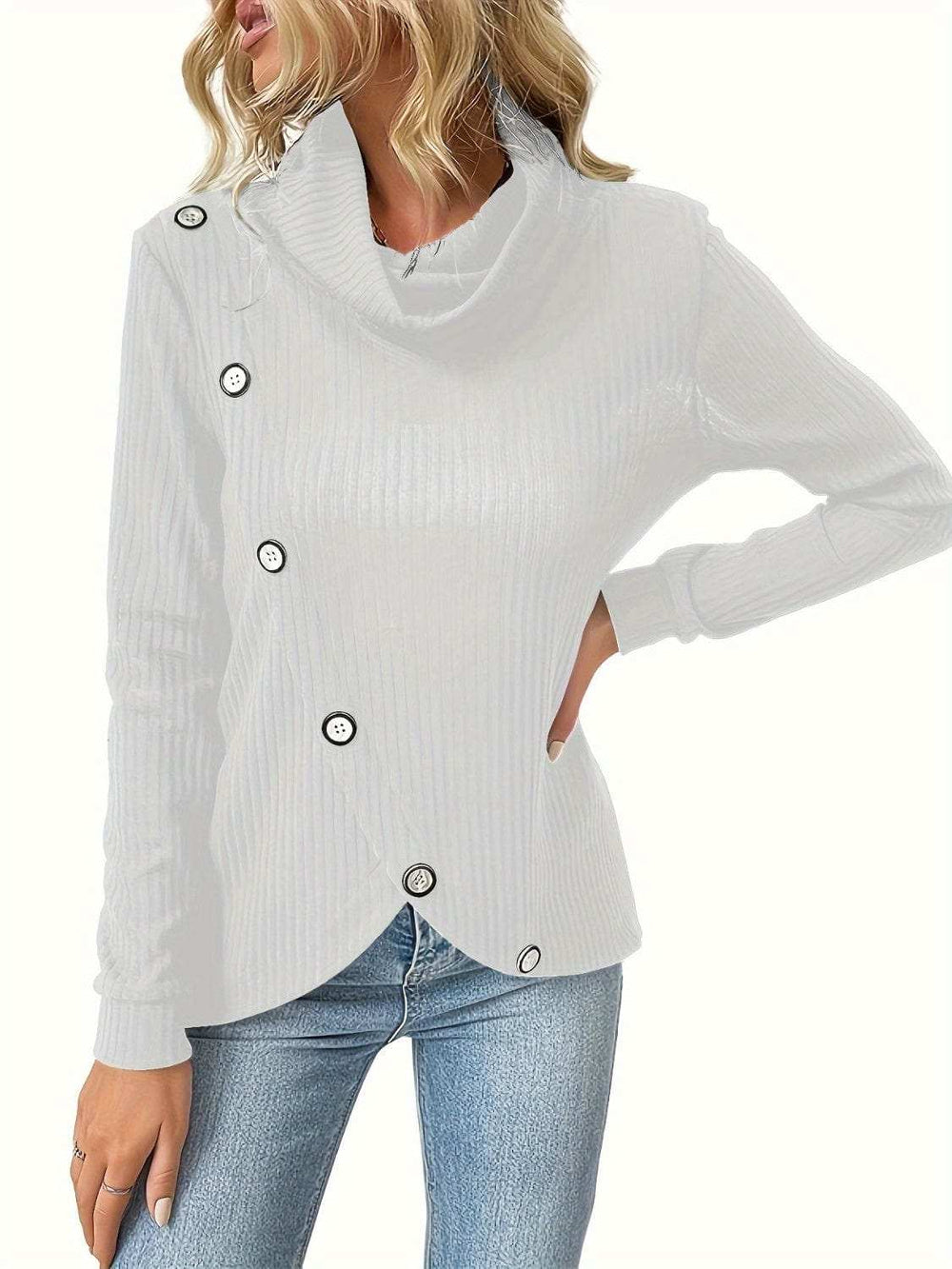 Decorative Button Turtleneck Long Sleeve T-Shirt - Trendsi - Flyclothing LLC