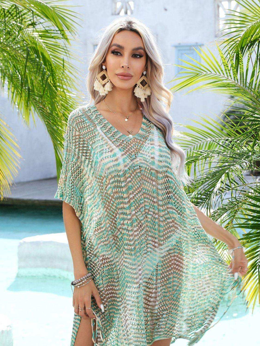 Multicolored Openwork Tassel Slit Cover-Up - Trendsi - Flyclothing LLC