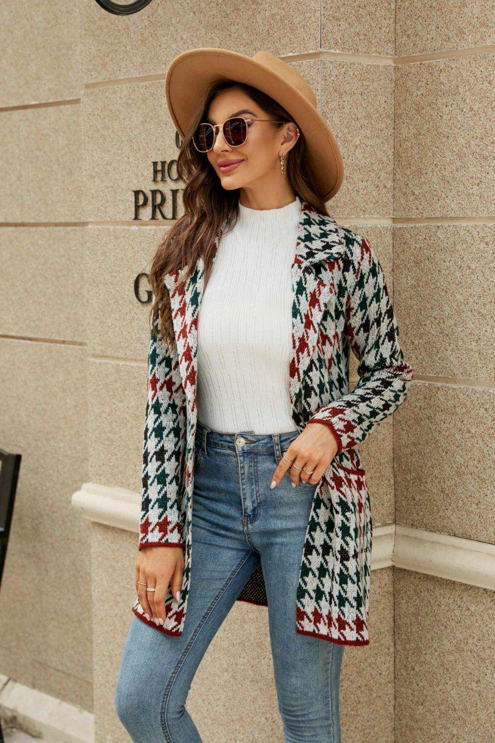 Printed Open Front Lapel Collar Cardigan with Pockets - Trendsi - Flyclothing LLC