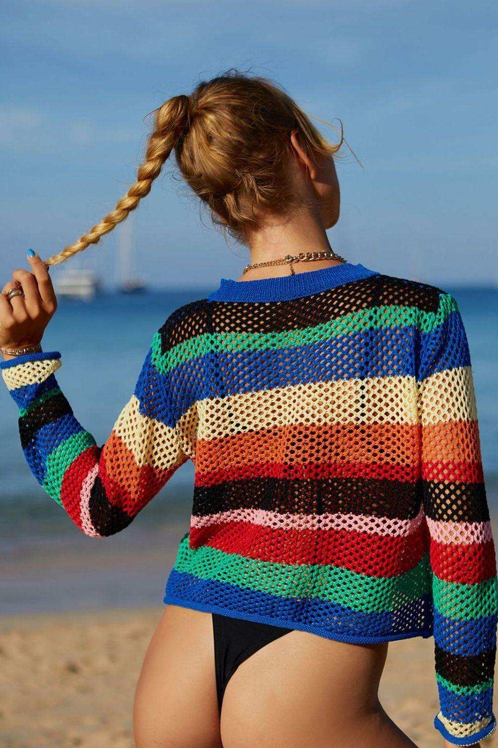 Rainbow Stripe Openwork Long Sleeve Cover-Up - Trendsi - Flyclothing LLC