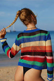 Rainbow Stripe Openwork Long Sleeve Cover-Up - Trendsi - Flyclothing LLC