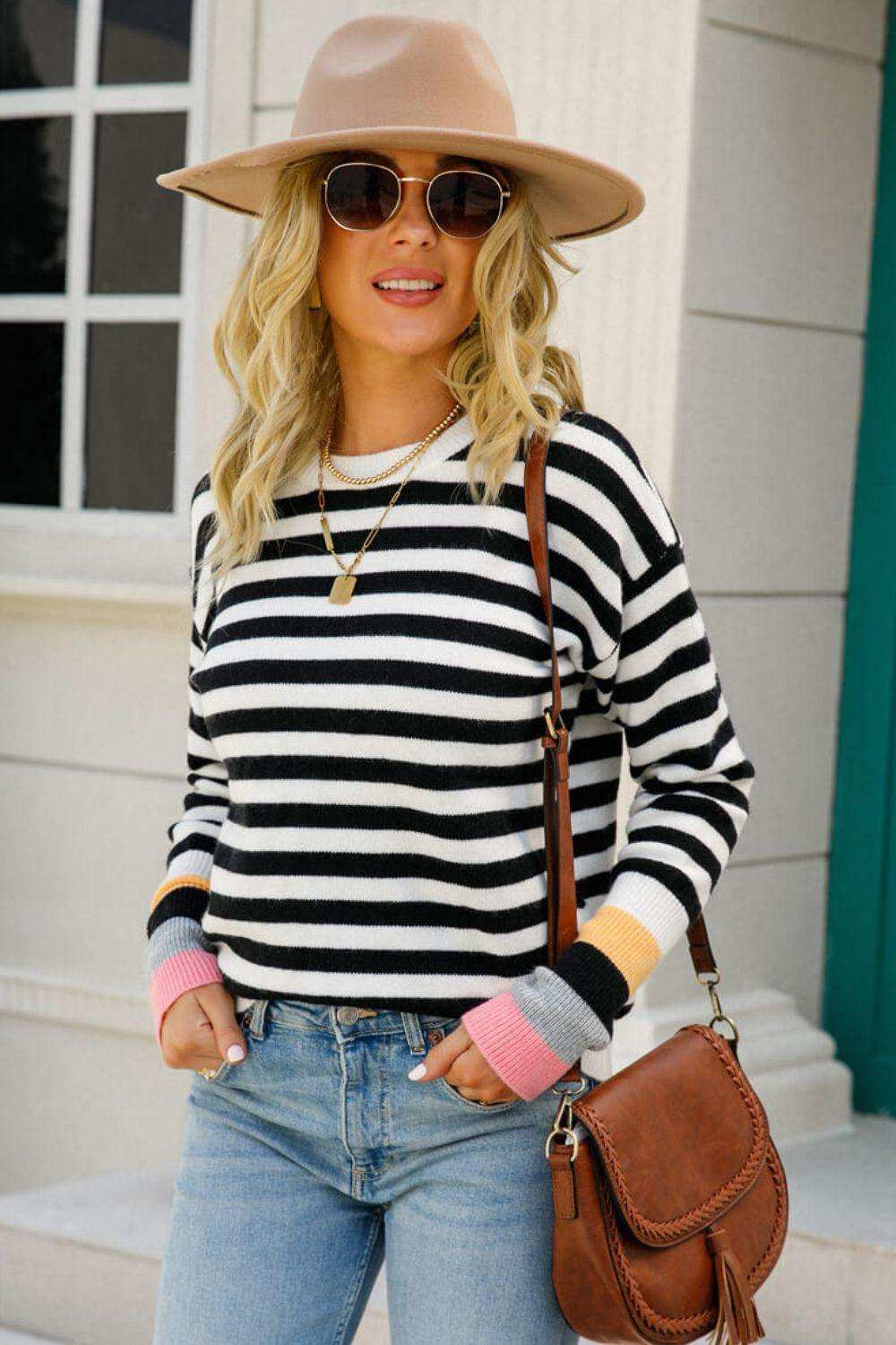 Warm Spice Striped Round Neck Sweater - Trendsi - Flyclothing LLC