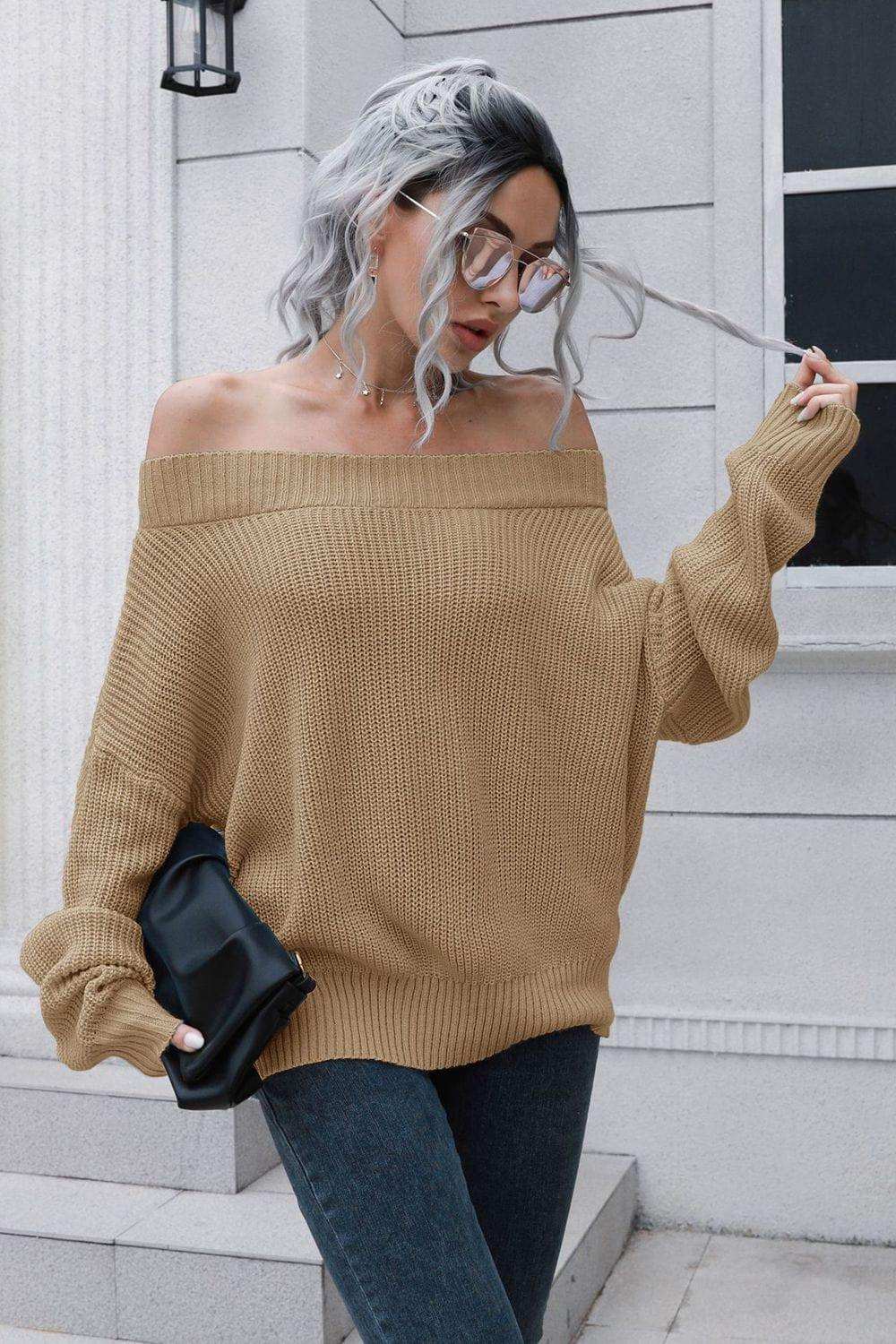 Off-Shoulder Ribbed Long Sleeve Pullover Sweater - Trendsi - Flyclothing LLC