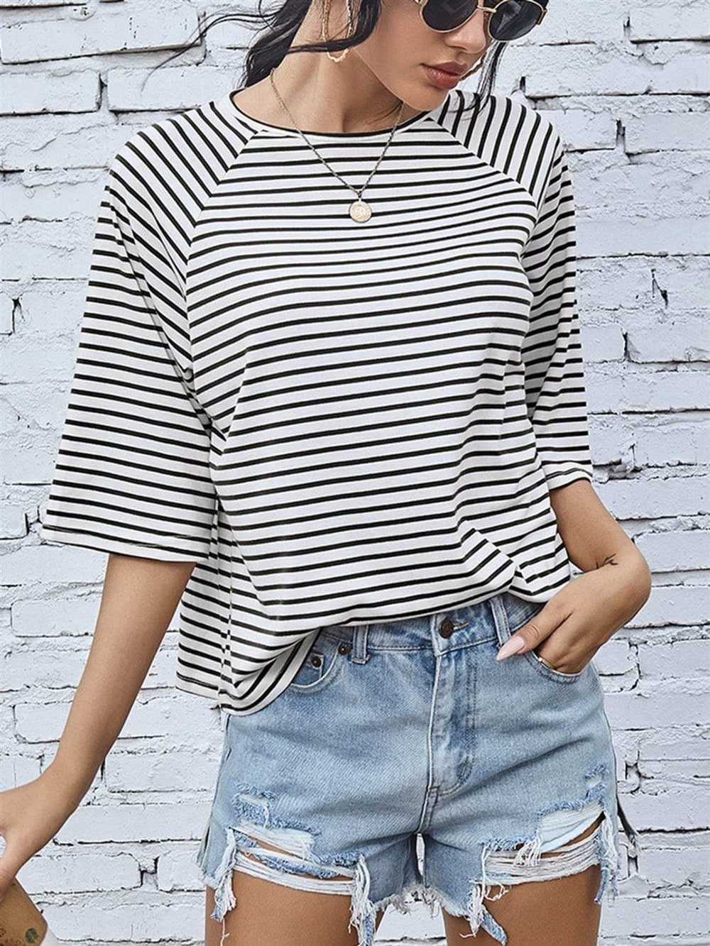 Striped Round Neck Raglan Sleeve T-Shirt - Trendsi - Flyclothing LLC