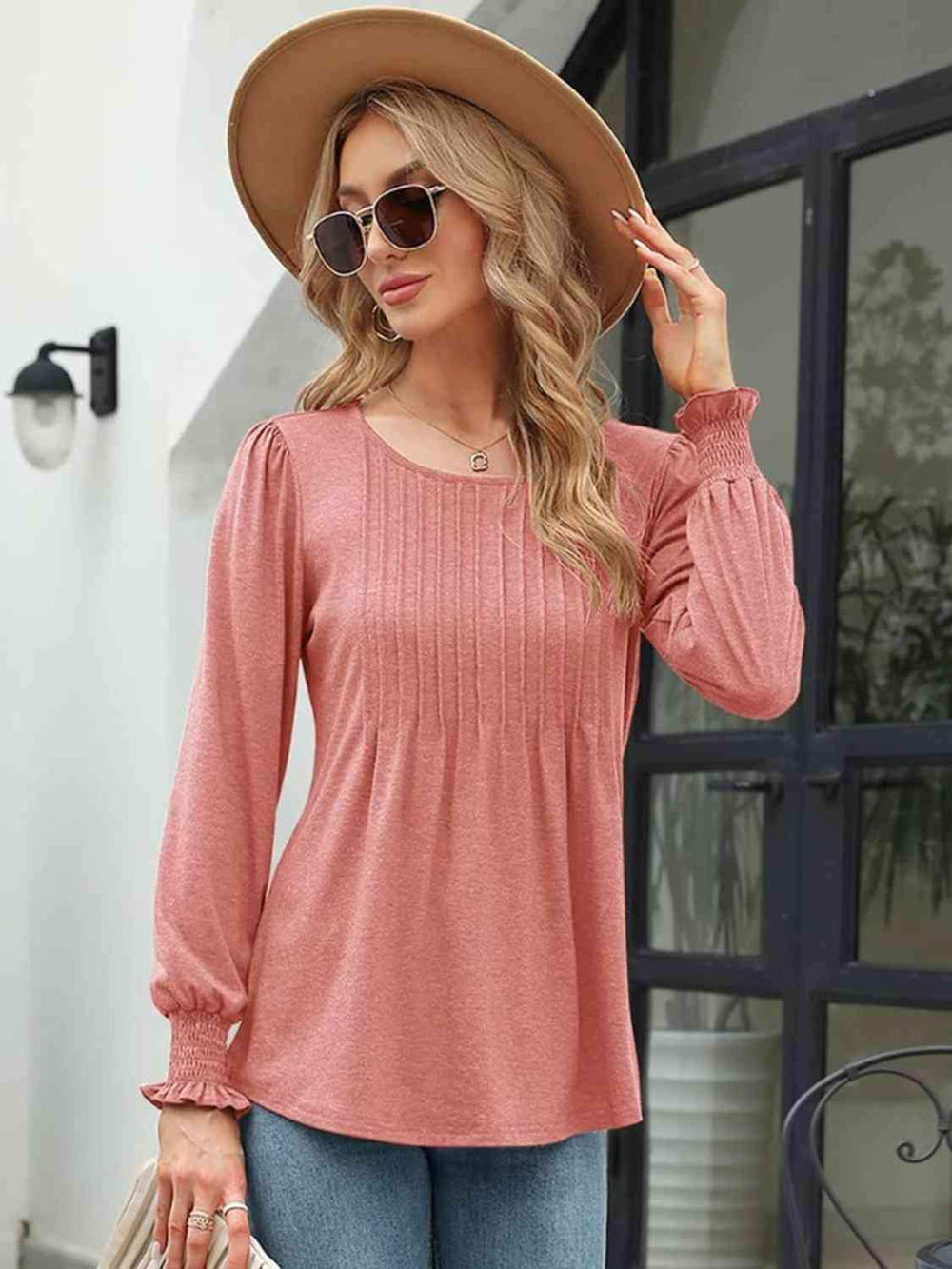 Smocked Round Neck Lantern Sleeve Blouse - Trendsi - Flyclothing LLC