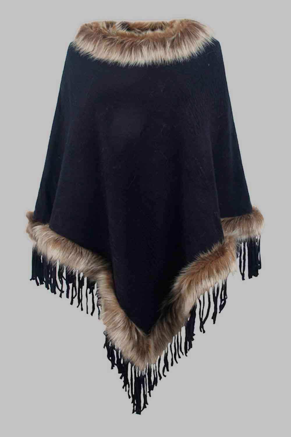 Faux Fur Trim Fringed Poncho - Trendsi - Flyclothing LLC