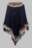 Faux Fur Trim Fringed Poncho - Trendsi - Flyclothing LLC