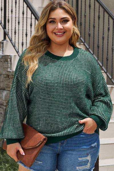 Plus Size Waffle-Knit Round Neck Dropped Shoulder Sweater - Trendsi - Flyclothing LLC