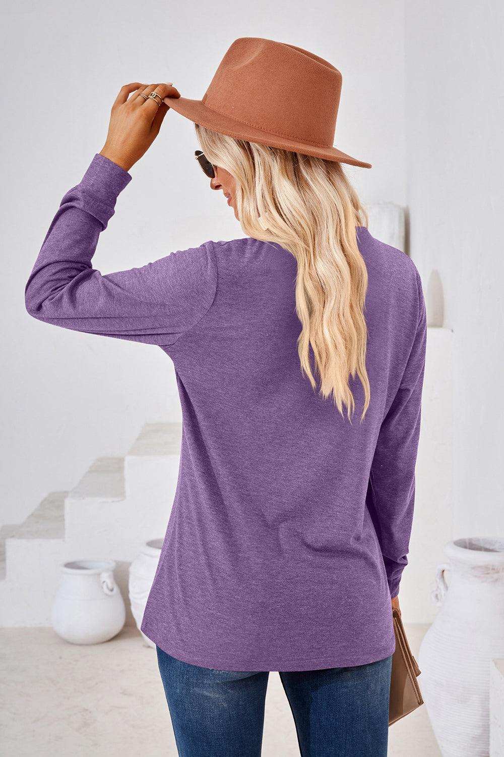 V-Neck Buttoned Long Sleeve Blouse - Trendsi - Flyclothing LLC