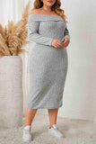 Plus Size Square Neck Long Sleeve Slit Dress - Trendsi - Flyclothing LLC