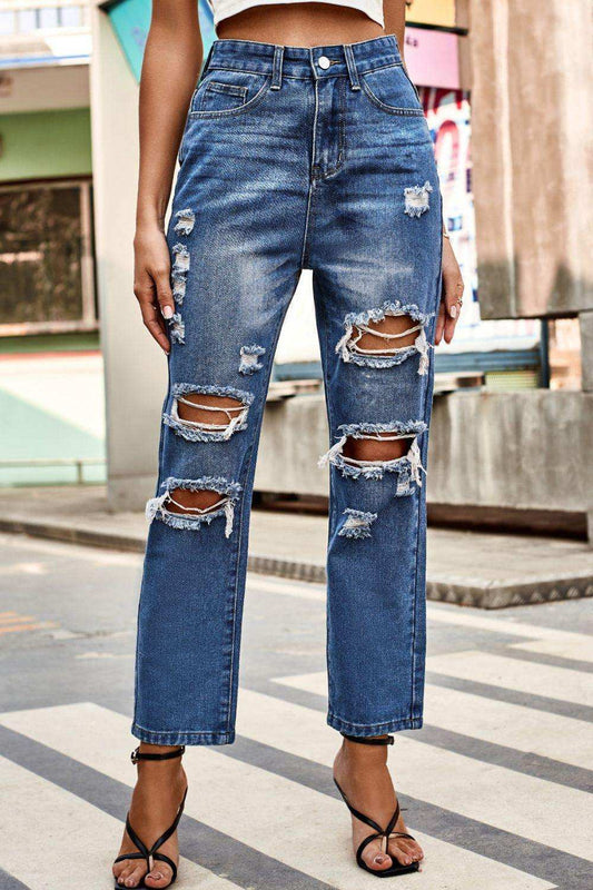 Distressed Buttoned Jeans with Pockets - Trendsi - Flyclothing LLC