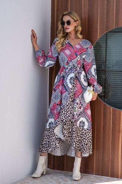 Leopard Ruffle Trim V-Neck Printed Dress - Trendsi - Flyclothing LLC