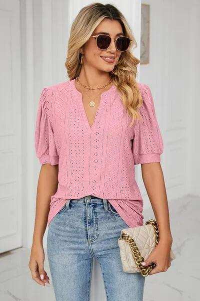 Eyelet Notched Short Sleeve T-Shirt - Trendsi - Flyclothing LLC