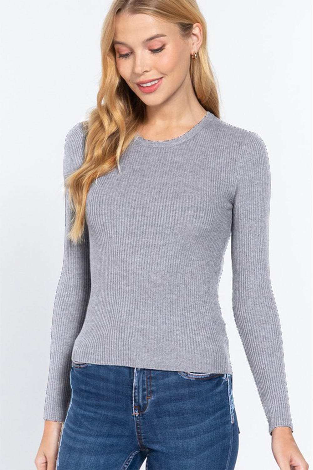 ACTIVE BASIC Full Size Ribbed Round Neck Long Sleeve Knit Top - Trendsi - Flyclothing LLC