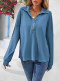 Half Button Collared Neck Long Sleeve Top - Trendsi - Flyclothing LLC
