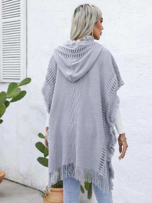 Fringe Trim Buttoned Hooded Poncho - Trendsi - Flyclothing LLC
