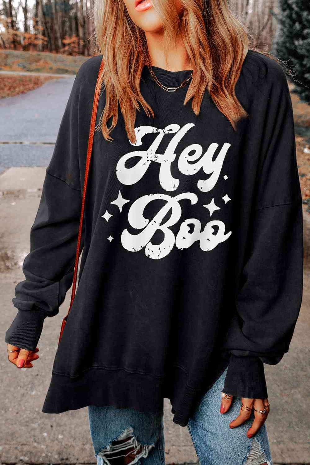 HEY BOO Graphic Round Neck Sweatshirt - Trendsi - Flyclothing LLC
