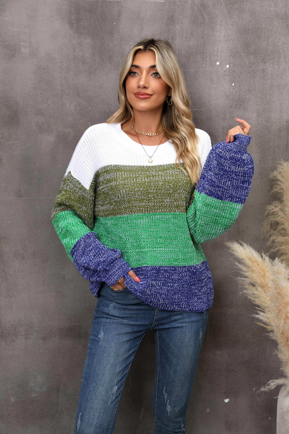Color Block Round Neck Dropped Shoulder Sweater - Trendsi - Flyclothing LLC