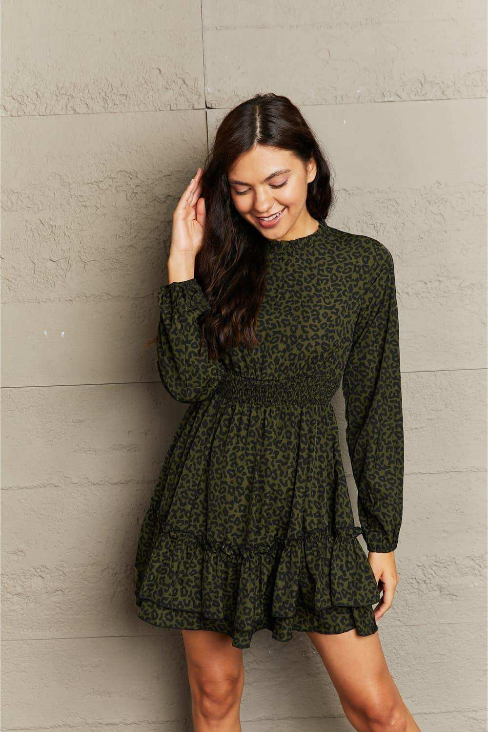 Leopard Smock Waist Long Sleeve Dress - Trendsi - Flyclothing LLC