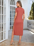 Round Neck Short Sleeve Slit Dress - Trendsi - Flyclothing LLC