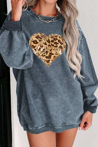 Heart Leopard Sequin Round Neck Sweatshirt - Trendsi - Flyclothing LLC