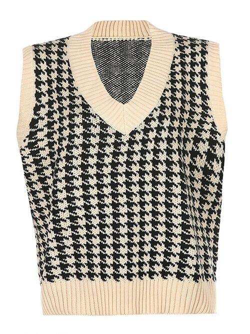 Houndstooth V-Neck Sweater Vet - Trendsi - Flyclothing LLC