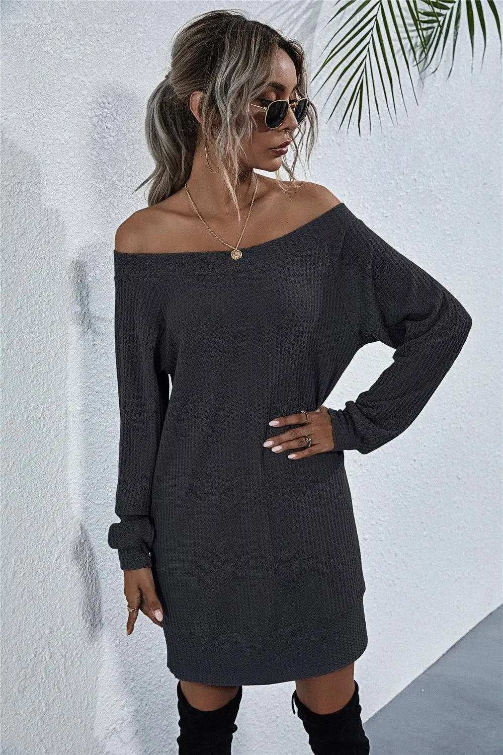 Waffle-Knit Boat Neck Mini Dress - Trendsi - Flyclothing LLC