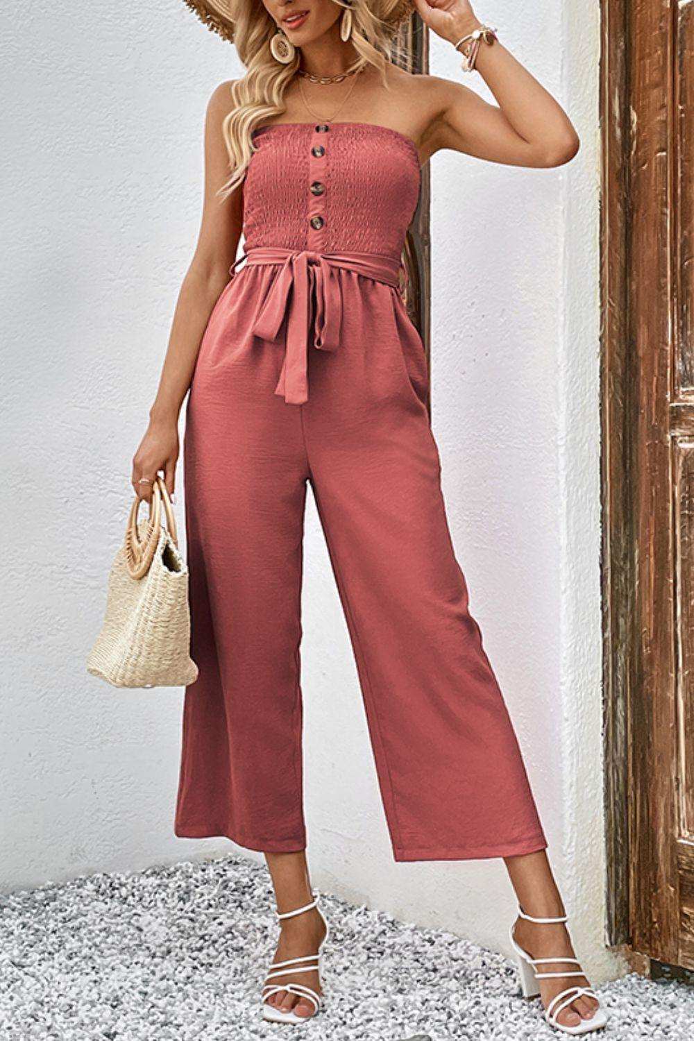 Decorative Button Strapless Smocked Jumpsuit with Pockets - Trendsi - Flyclothing LLC