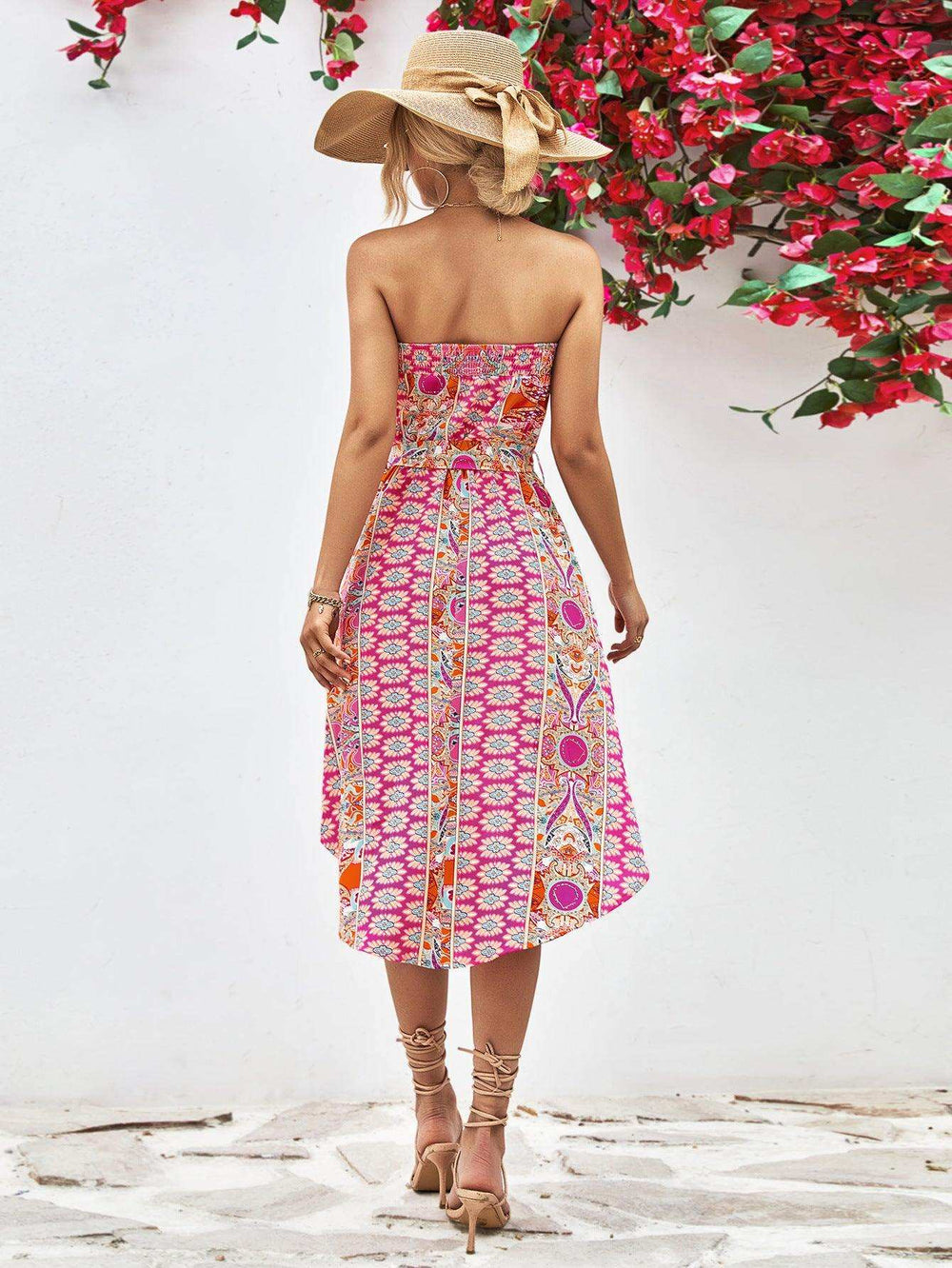 Printed Strapless Tie Belt Dress - Trendsi - Flyclothing LLC