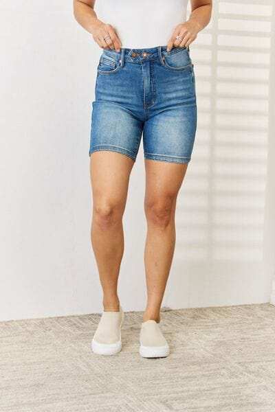 Judy Blue Full Size Tummy Control Double Button Bermuda Denim Shorts - Trendsi - Flyclothing LLC