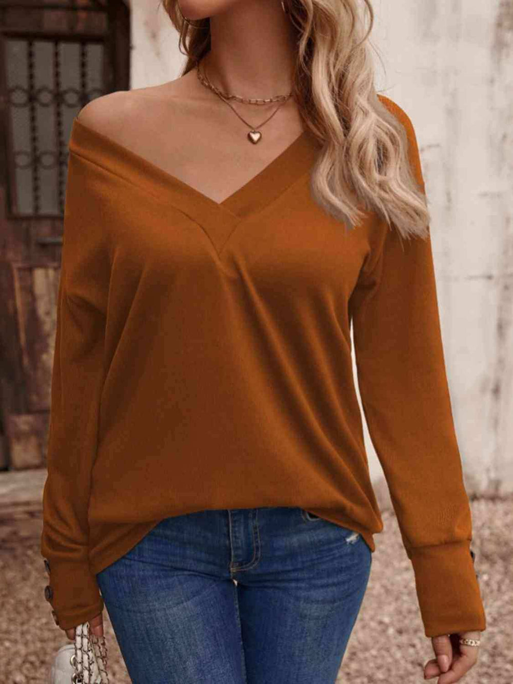 V-Neck Long Sleeve Top - Trendsi - Flyclothing LLC