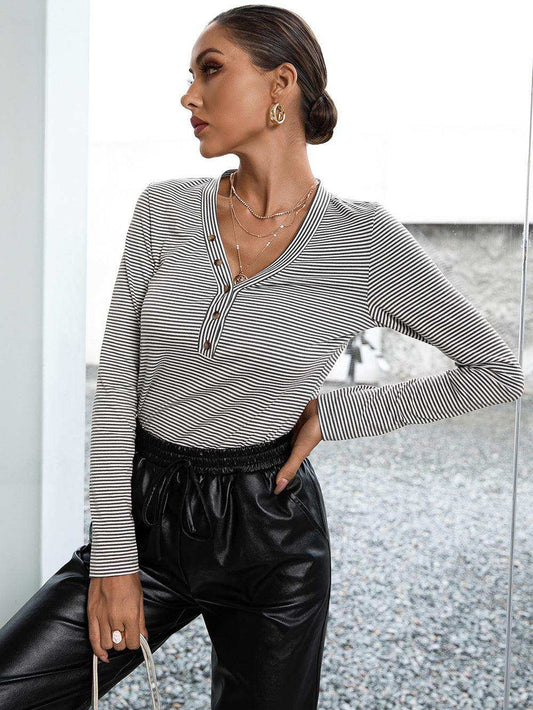 Striped Buttoned V-Neck Long Sleeve Top - Trendsi - Flyclothing LLC