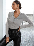Striped Buttoned V-Neck Long Sleeve Top - Trendsi - Flyclothing LLC