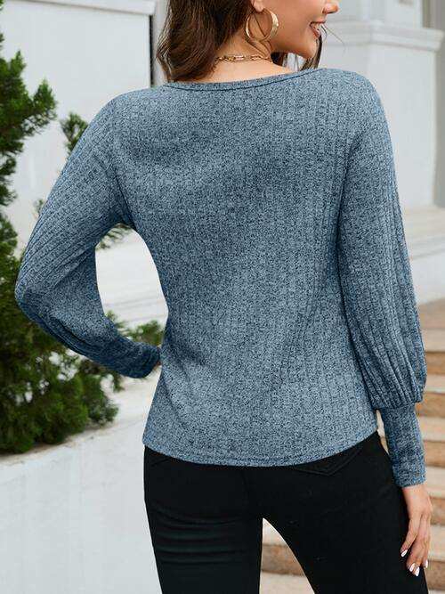 Ribbed Round Neck Lantern Sleeve Knit Top - Trendsi - Flyclothing LLC