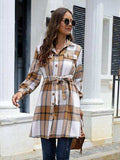 Plaid Belted Collared Neck Button Up Jacket - Trendsi - Flyclothing LLC