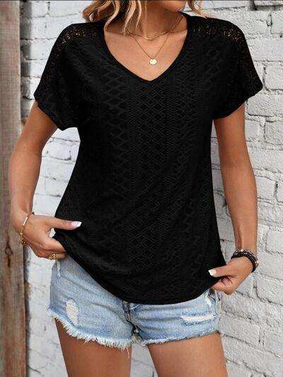 Eyelet V-Neck Short Sleeve T-Shirt - Trendsi - Flyclothing LLC