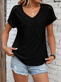 Eyelet V-Neck Short Sleeve T-Shirt - Trendsi - Flyclothing LLC