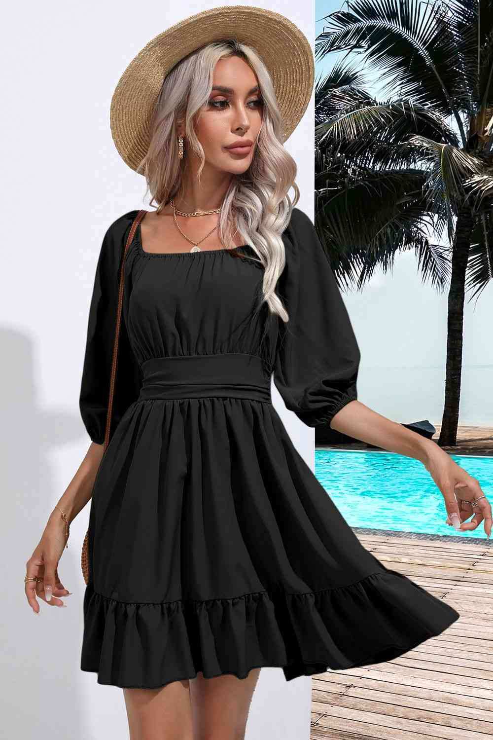 Square Neck Tie Back Ruffle Hem Dress - Trendsi - Flyclothing LLC