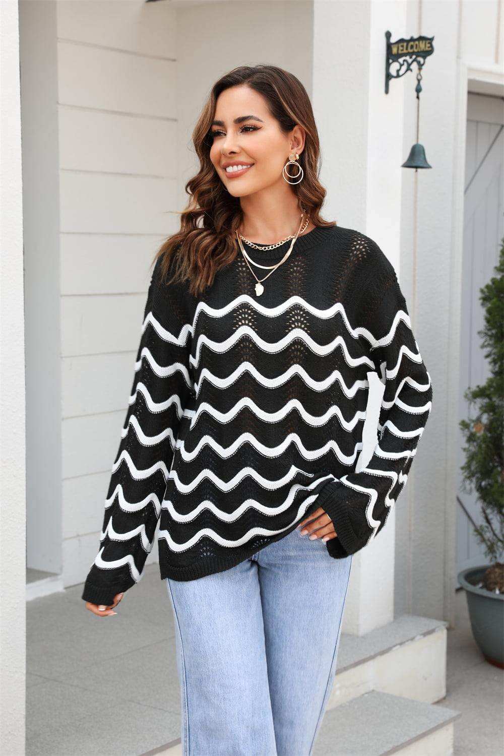 Wave Pattern Round Neck Long Sleeve Sweater - Trendsi - Flyclothing LLC