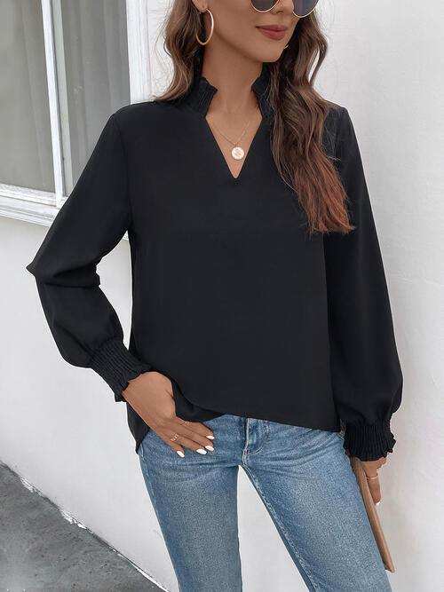 Smocked Notched Long Sleeve Blouse - Trendsi - Flyclothing LLC