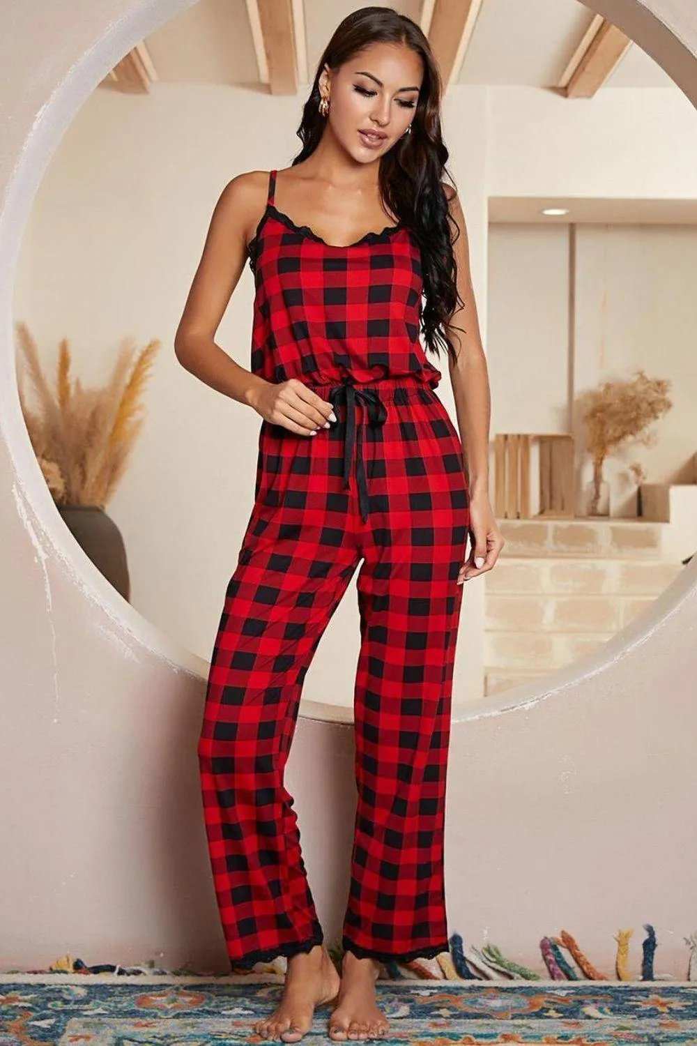 Plaid Lace Trim Spaghetti Strap Jumpsuit - Trendsi - Flyclothing LLC