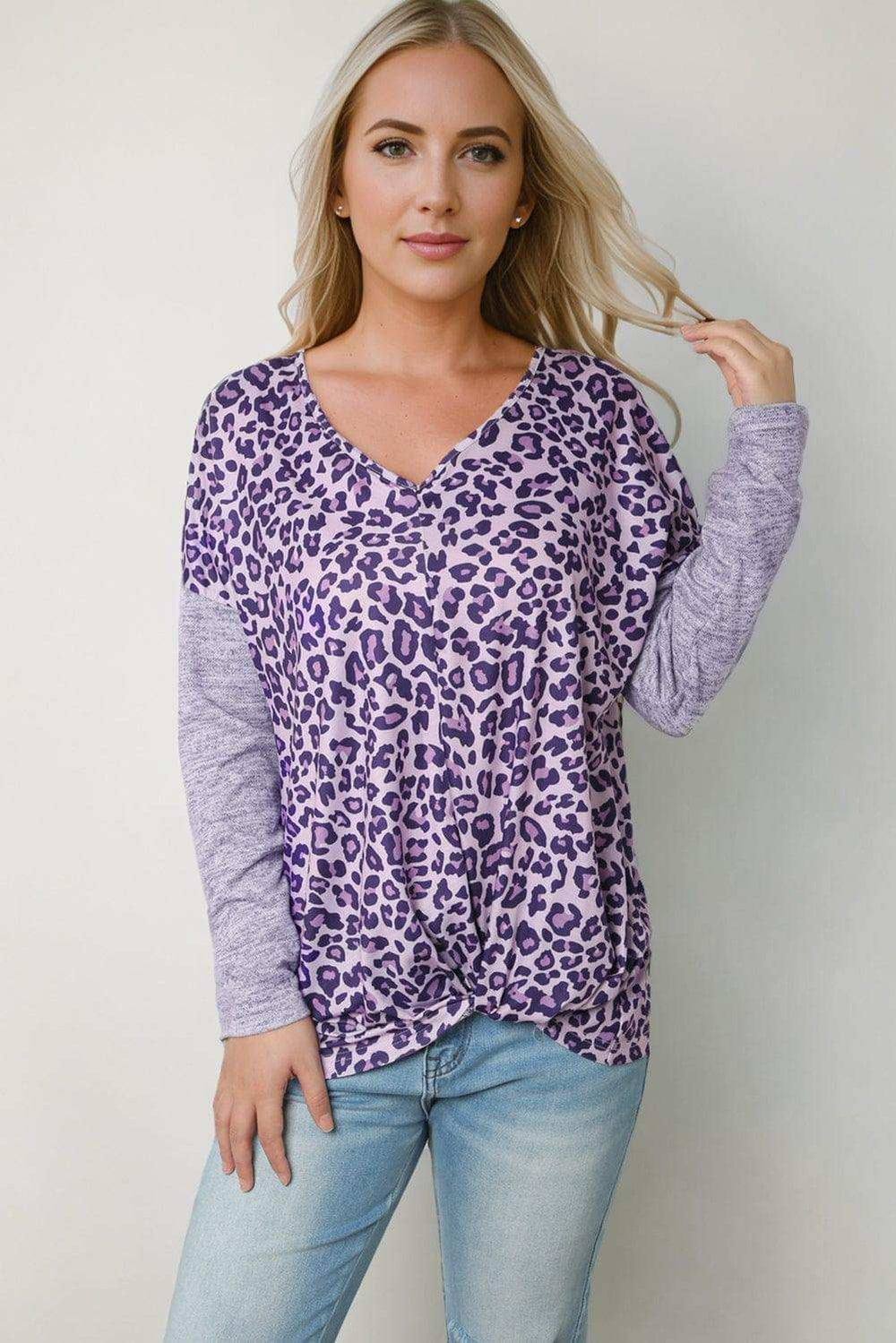 Leopard V-Neck Long Sleeve T-Shirt - Trendsi - Flyclothing LLC