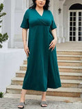 Plus Size Slit Surplice Short Sleeve Midi Dress - Trendsi - Flyclothing LLC