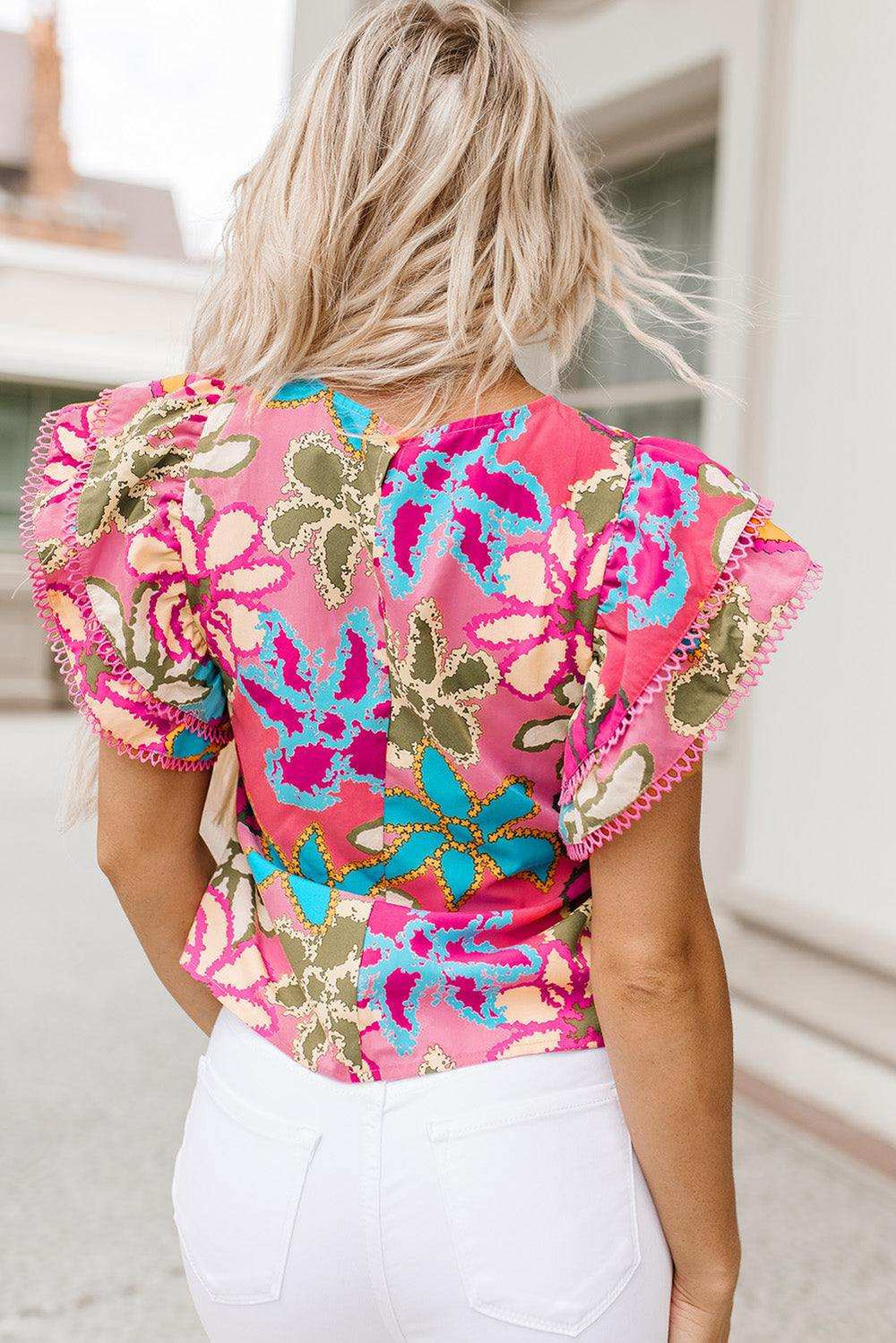 Floral Print Round Neck Flutter Sleeve Blouse - Trendsi - Flyclothing LLC