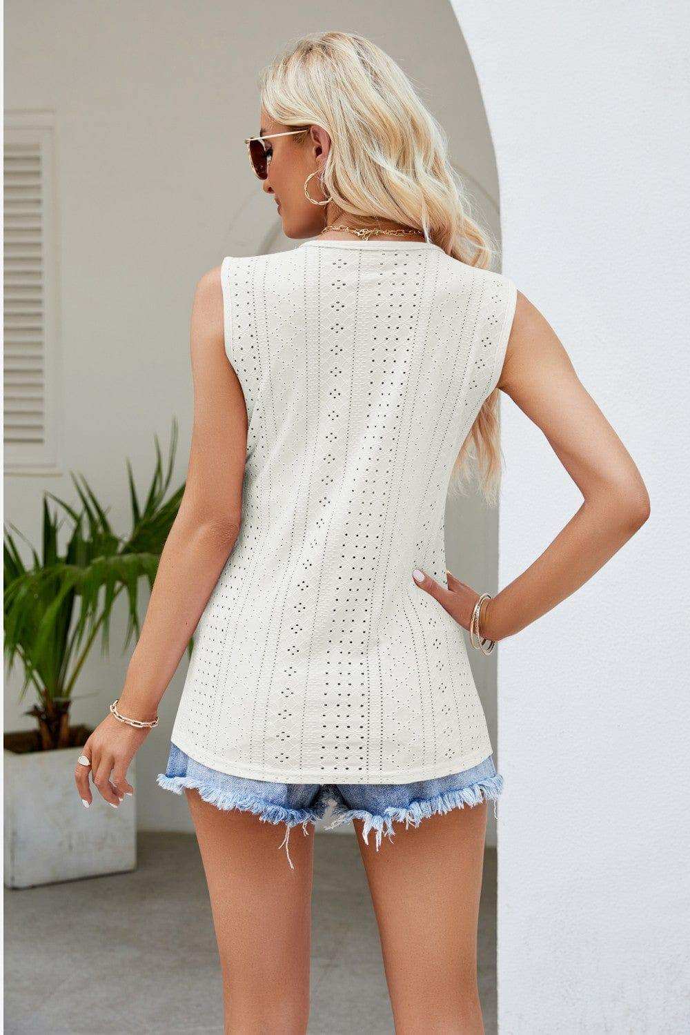 Contrast V-Neck Eyelet Tank - Trendsi - Flyclothing LLC