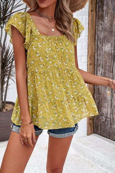 Printed Square Neck Cap Sleeve Blouse - Trendsi - Flyclothing LLC