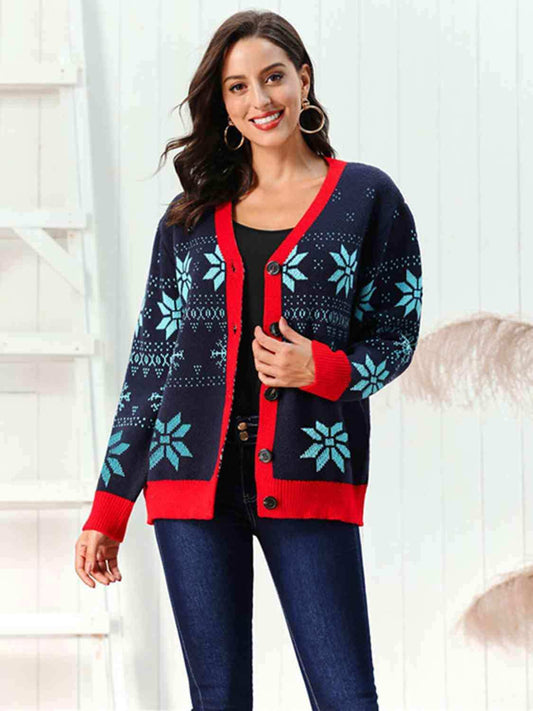 Snowflake Pattern Button Down Cardigan - Trendsi - Flyclothing LLC