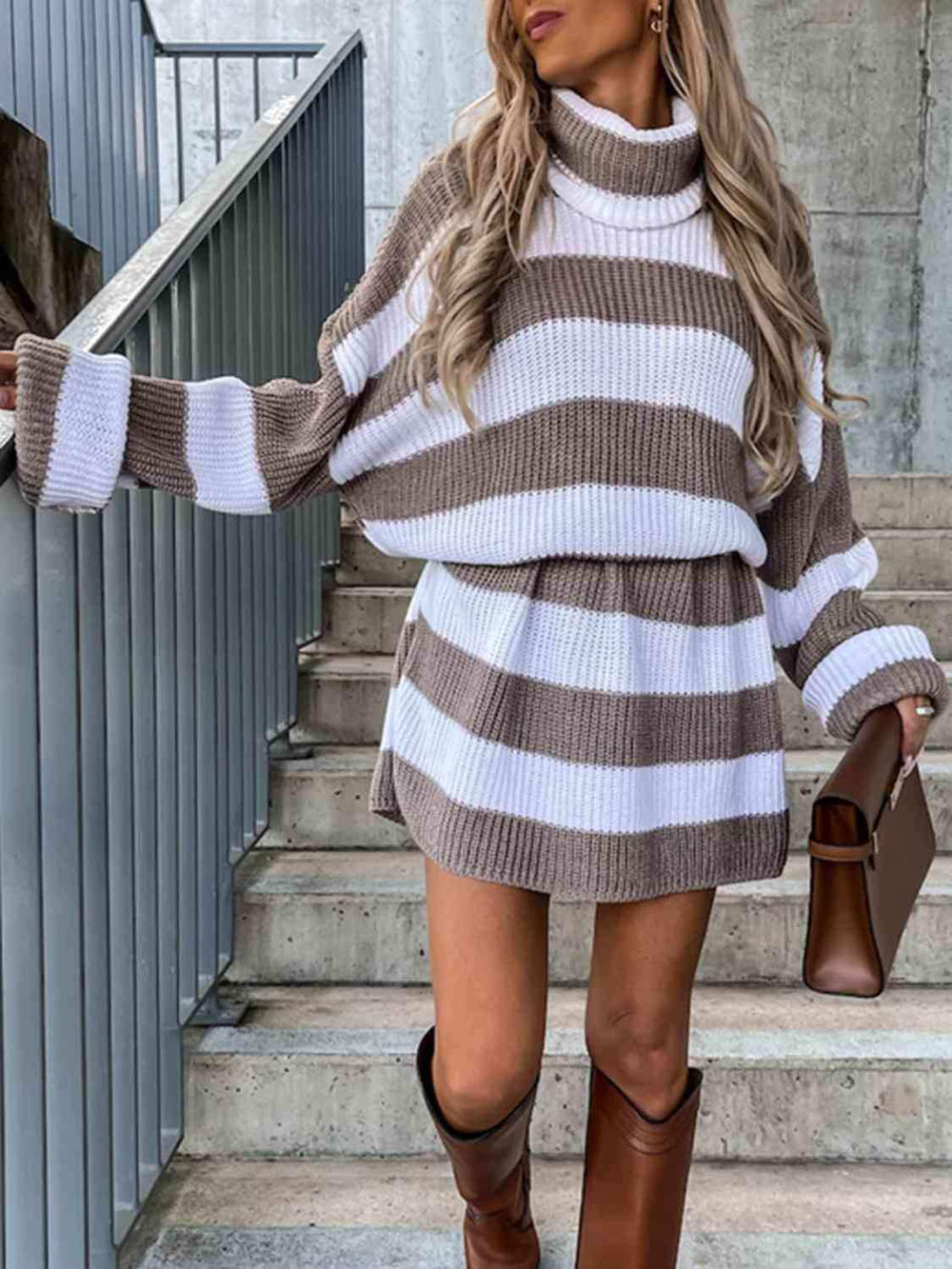 Striped Turtleneck Sweater Dress - Trendsi - Flyclothing LLC