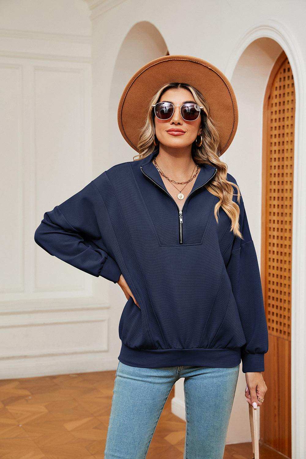 Half-Zip Dropped Shoulder Sweatshirt - Trendsi - Flyclothing LLC