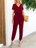 Short Sleeve V-Neck Jumpsuit with Pockets - Trendsi - Flyclothing LLC